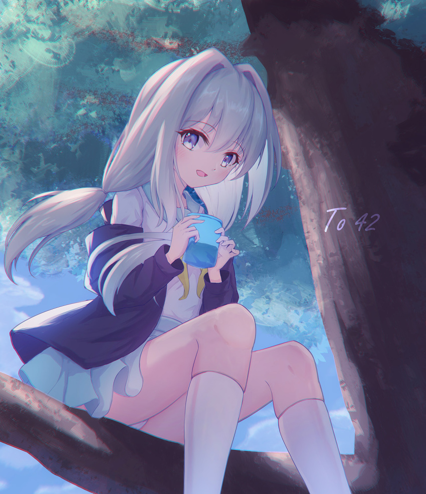 1girl, clothes_lift, fujikawa_mia, grey_hair, hair_intakes, highres, hood, key_(company)