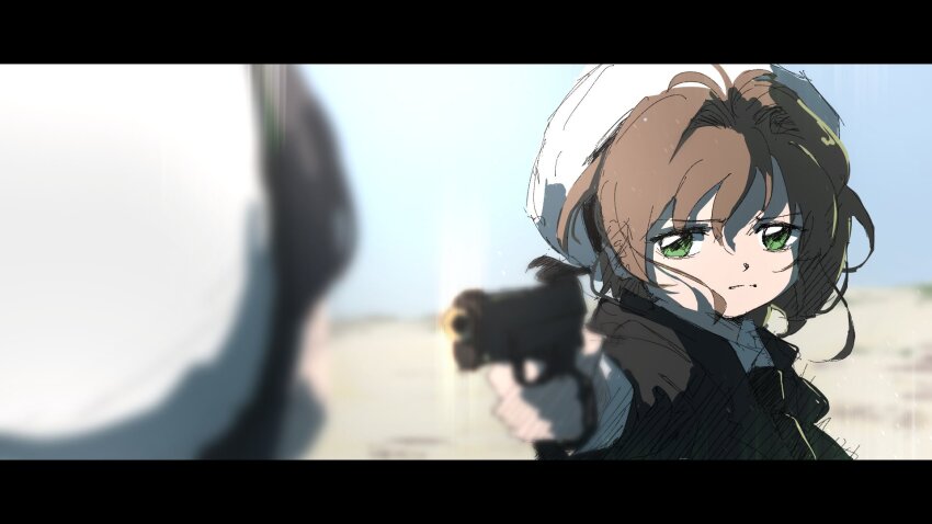 2girls, aiming, black_hair, blurry, brown_hair, cardcaptor_sakura, daidouji_tomoyo, depth_of_field