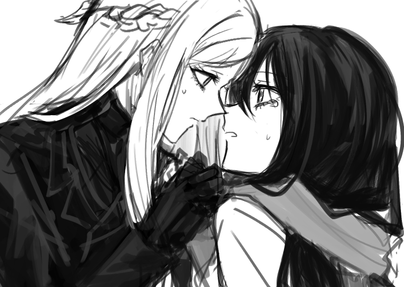 2girls, aoki_shizumi, braid, closed_mouth, commentary_request, eye_contact, french_braid, gloves