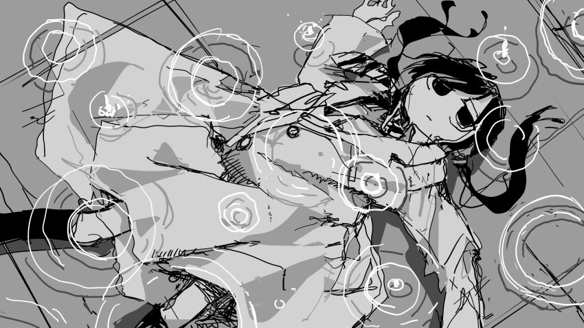 1girl, absurdres, closed_mouth, expressionless, feet_out_of_frame, greyscale, highres, lab_coat