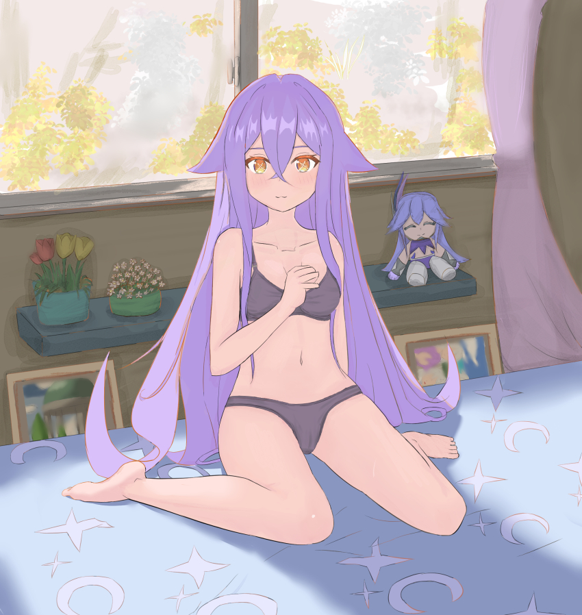 1girl, bare_arms, bare_legs, bare_shoulders, barefoot, bed_sheet, bella_(honkai_impact), benares_(honkai_impact)