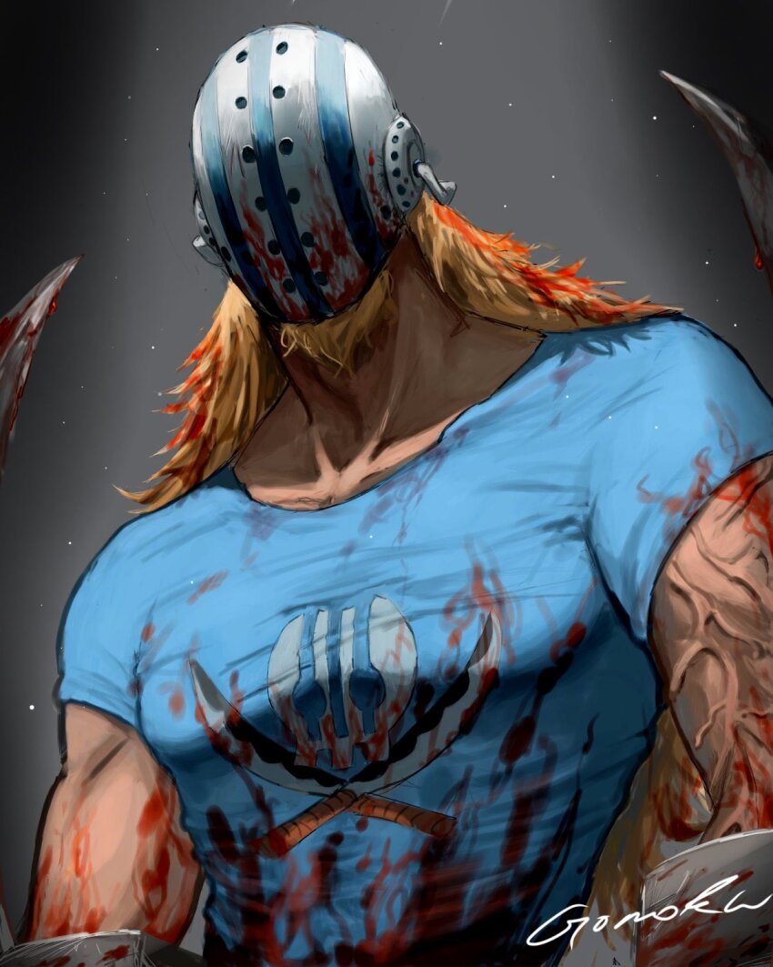 1boy, blonde_hair, blood, blood_in_hair, blood_on_clothes, blood_on_mask, bloody_weapon, blue_shirt