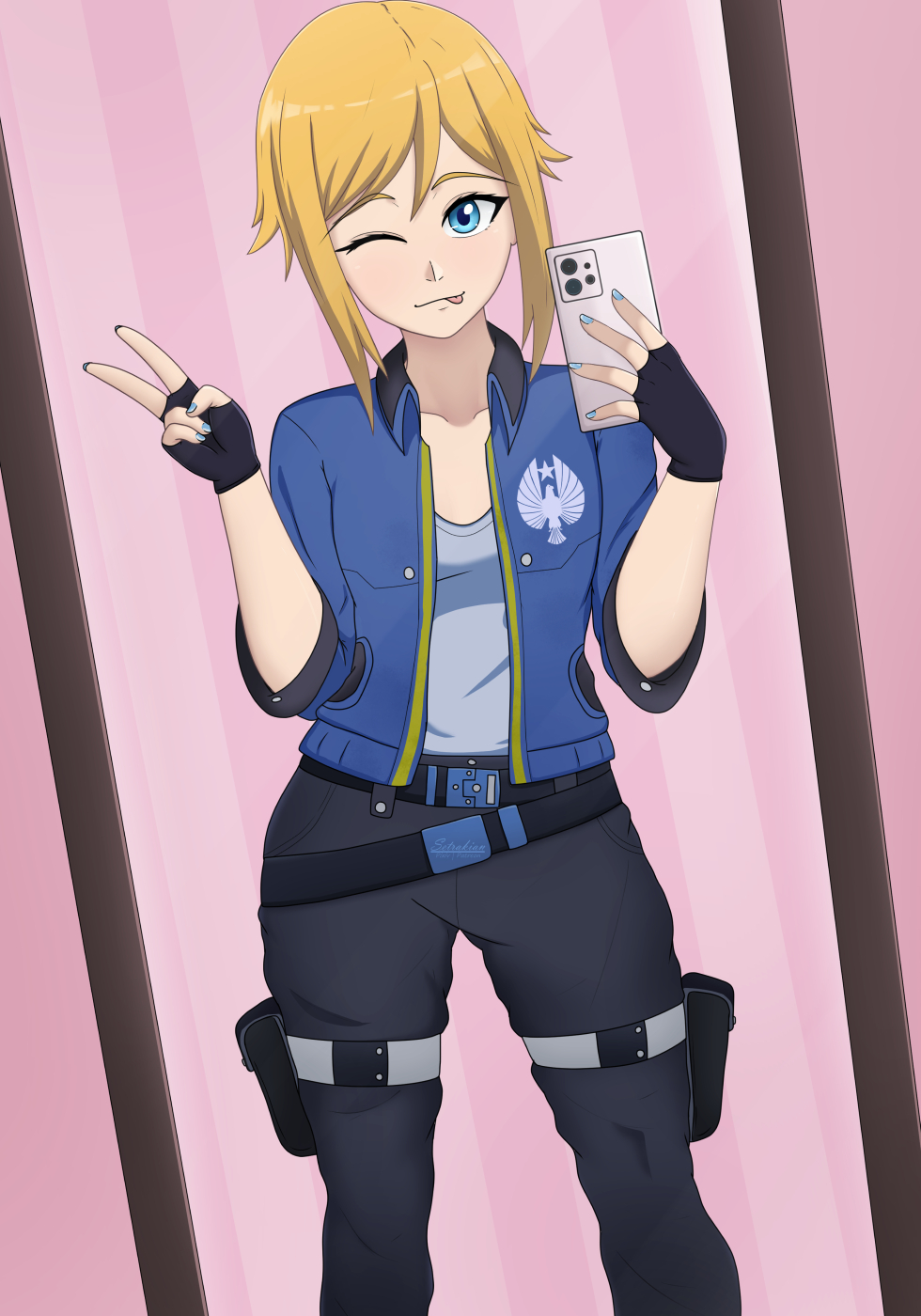 1girl, :p, ;p, belt, black_gloves, black_pants, blonde_hair, blue_eyes, blue_jacket, blue_nails, cellphone, commentary, contrapposto, english_commentary, fingerless_gloves, gloves, grey_shirt, hayley_travis, highres, holding, holding_phone, jacket, legendary_pictures, nail_polish, netflix, one_eye_closed, pacific_rim, pacific_rim:_the_black, pants, phone, pouch, selfie, setrakian, setrakian_draws, shirt, sidelocks, smartphone, smile, solo, thigh_pouch, tongue, tongue_out, v, warner_bros.