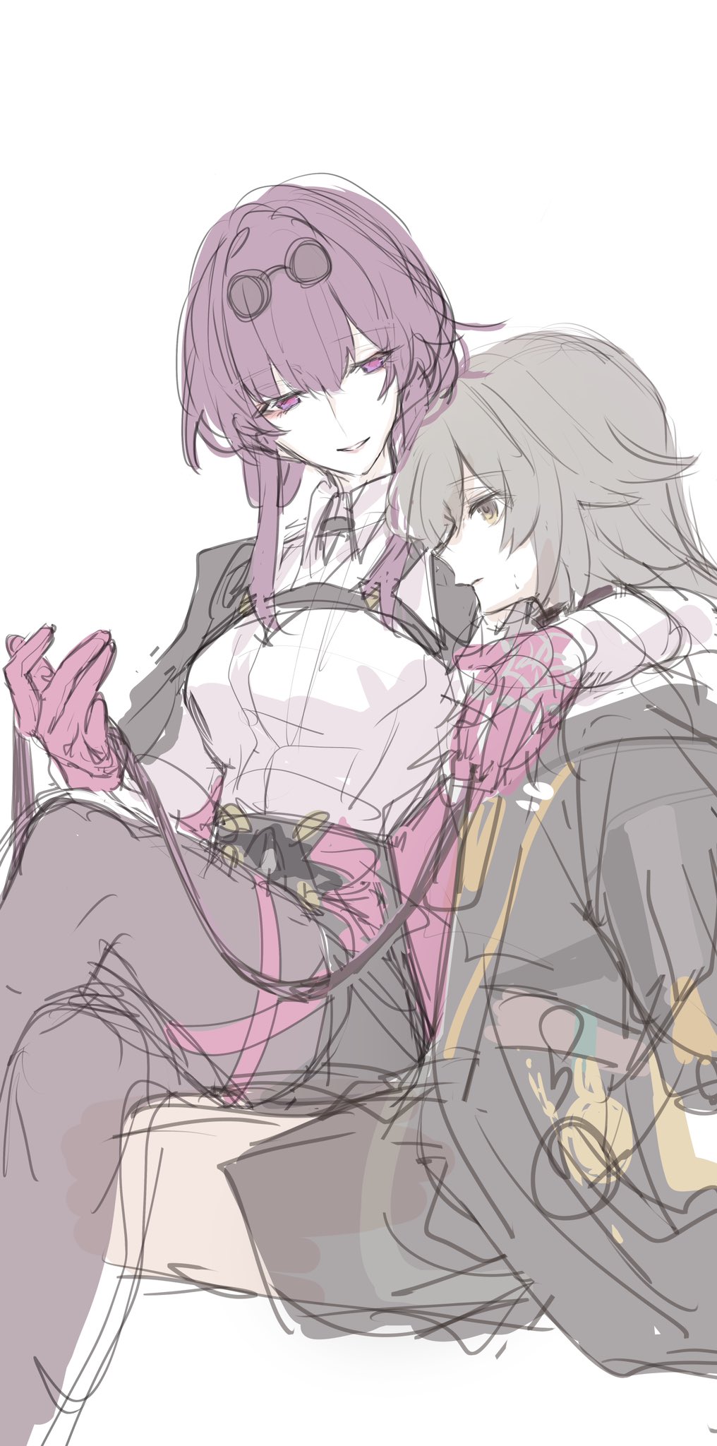 2girls, arms_behind_back, bdsm, black_jacket, black_pantyhose, black_shorts, chest_strap, collar, commentary, eyewear_on_head, gloves, grey_eyes, grey_hair, hashtag-only_commentary, highres, holding, holding_leash, honkai:_star_rail, honkai_(series), jacket, kafka_(honkai:_star_rail), leash, long_hair, moonsun77773, multiple_girls, pantyhose, parted_lips, purple_eyes, purple_gloves, purple_hair, shirt, shorts, simple_background, sitting, sitting_on_lap, sitting_on_person, smile, stelle_(honkai:_star_rail), sweatdrop, thigh_strap, trailblazer_(honkai:_star_rail), white_background, white_shirt, yuri