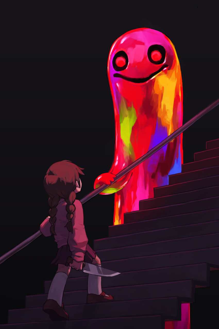 1girl, absurdres, arm_at_side, braid, brown_hair, commentary, grey_background, hand_on_railing