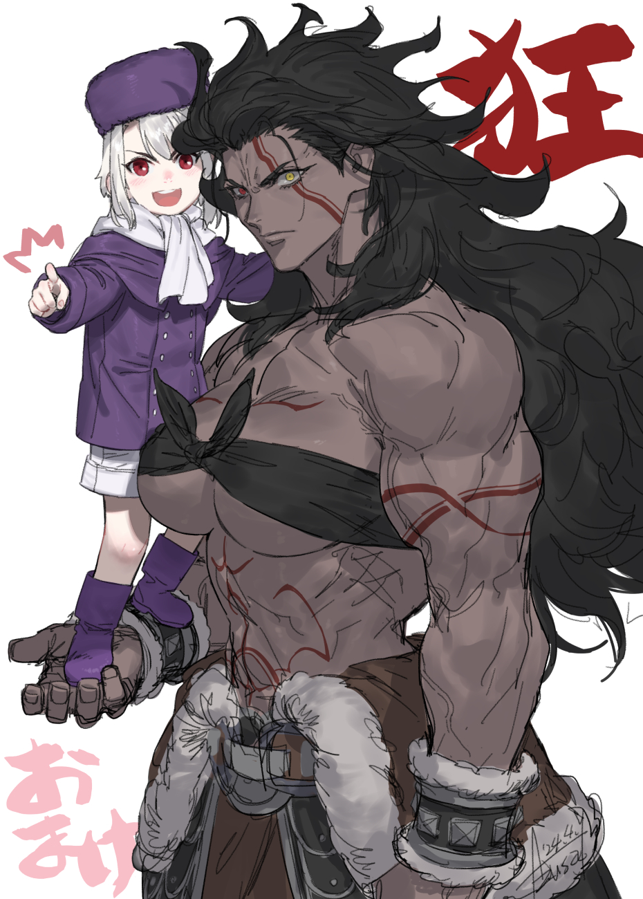 1boy, 1girl, arm_at_side, azusa_(hws), bandeau, bare_shoulders, belt, black_bandeau, black_hair, body_markings, boots, breasts, closed_mouth, coat, commentary, dark-skinned_female, dark_skin, dated, fate/grand_order, fate/stay_night, fate_(series), front-tie_top, fur_hat, fur_trim, genderswap, genderswap_(ftm), genderswap_(mtf), hair_slicked_back, hat, heracles_(fate), heracles_(third_ascension)_(fate), heterochromia, highres, illyasviel_von_einzbern, large_breasts, long_hair, long_sleeves, looking_at_viewer, muscular, muscular_female, nostrils, notice_lines, open_mouth, pointing, pointing_at_viewer, purple_coat, purple_footwear, purple_hat, red_eyes, scarf, short_hair, shorts, signature, simple_background, size_difference, sketch, standing, standing_on_another's_hand, teeth, upper_teeth_only, white_background, white_hair, white_scarf, white_shorts, wrist_cuffs, yellow_eyes