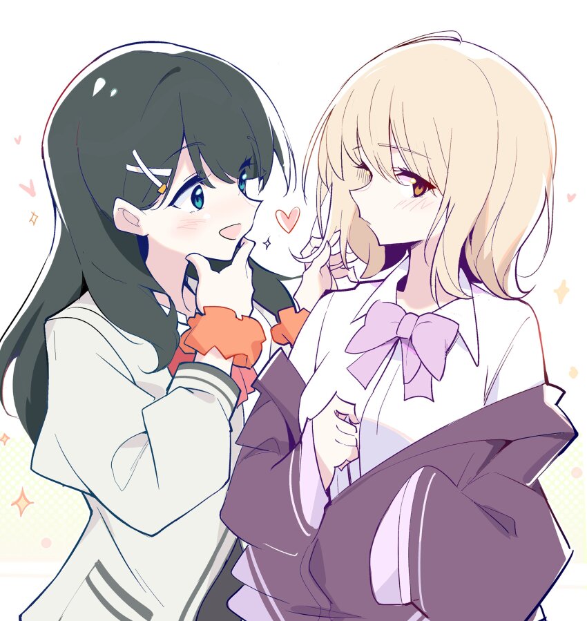 2girls, absurdres, black_hair, blonde_hair, blue_eyes, blush, breasts, commentary