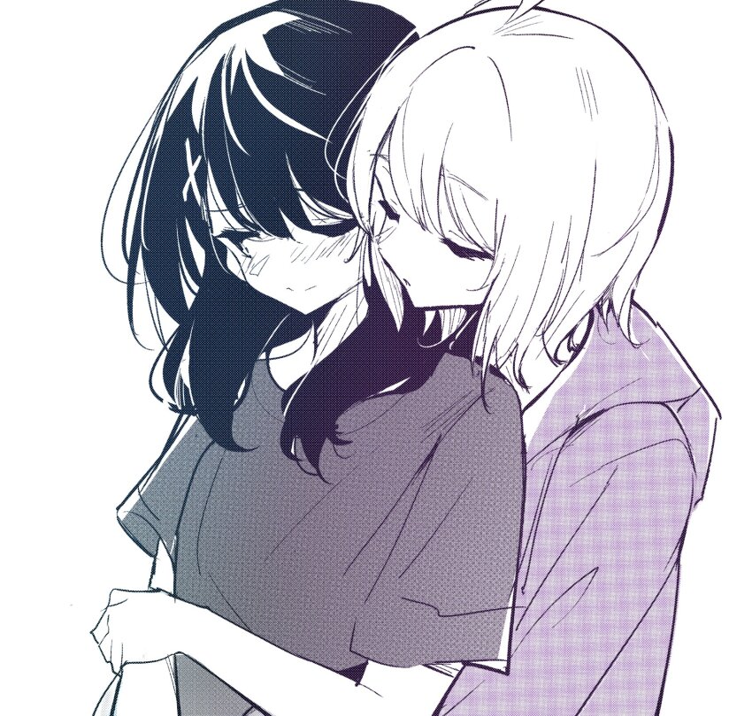 2girls, blush, closed_eyes, closed_mouth, commentary, couple, hair_between_eyes, hair_ornament