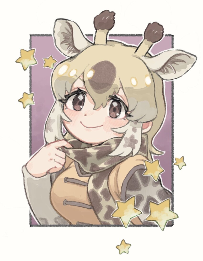 1girl, animal_ears, animal_print, blonde_hair, brown_eyes, extra_ears, giraffe_ears, giraffe_girl