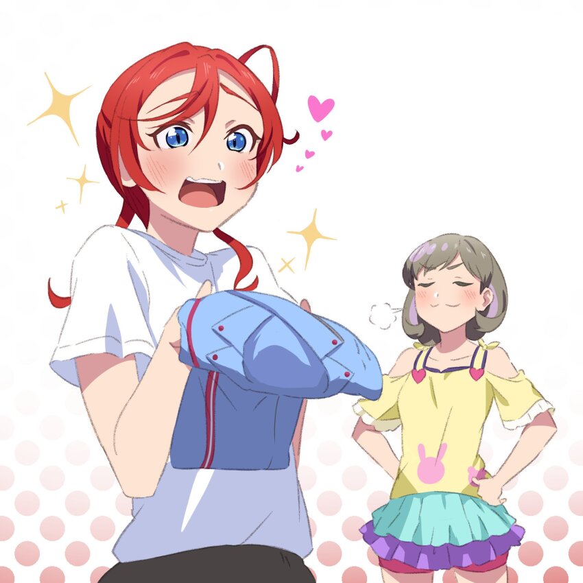 2girls, bare_shoulders, blue_eyes, blue_jacket, blush, closed_eyes, closed_mouth, collarbone, commentary_request, furrowed_brow, green_skirt, grey_hair, hair_between_eyes, hands_on_own_hips, heart, highres, holding, holding_unworn_clothes, jacket, layered_skirt, love_live!, love_live!_superstar!!, medium_hair, multiple_girls, open_mouth, pink_shorts, purple_skirt, red_hair, repurika, shirt, short_hair, short_sleeves, shorts, shorts_under_skirt, sidelocks, sketch, skirt, smug, sparkle, standing, tang_keke, upper_body, v-shaped_eyebrows, wavy_mouth, we_will!!_(love_live!), white_shirt, yellow_shirt, yoneme_mei