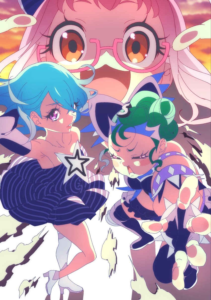 :3, :d, arm_behind_head, bad_id, bad_twitter_id, black_dress, black_gloves, black_skirt, blue_hair, blush_stickers, boots, bow, closed_eyes, dress, elbow_gloves, fingerless_gloves, full_body, furrowed_brow, glasses, gloves, green_hair, hair_bow, hair_over_one_eye, high_heel_boots, high_heels, highres, hojo_cosmo, idol_clothes, kiki_ajimi, long_hair, looking_at_viewer, nabeshima_chanko, open_mouth, pink-framed_eyewear, pink_hair, pretty_series, pripara, purple_eyes, short_hair, skirt, sky, smile, standing, star_(symbol), strapless, strapless_dress, white_footwear, zashima