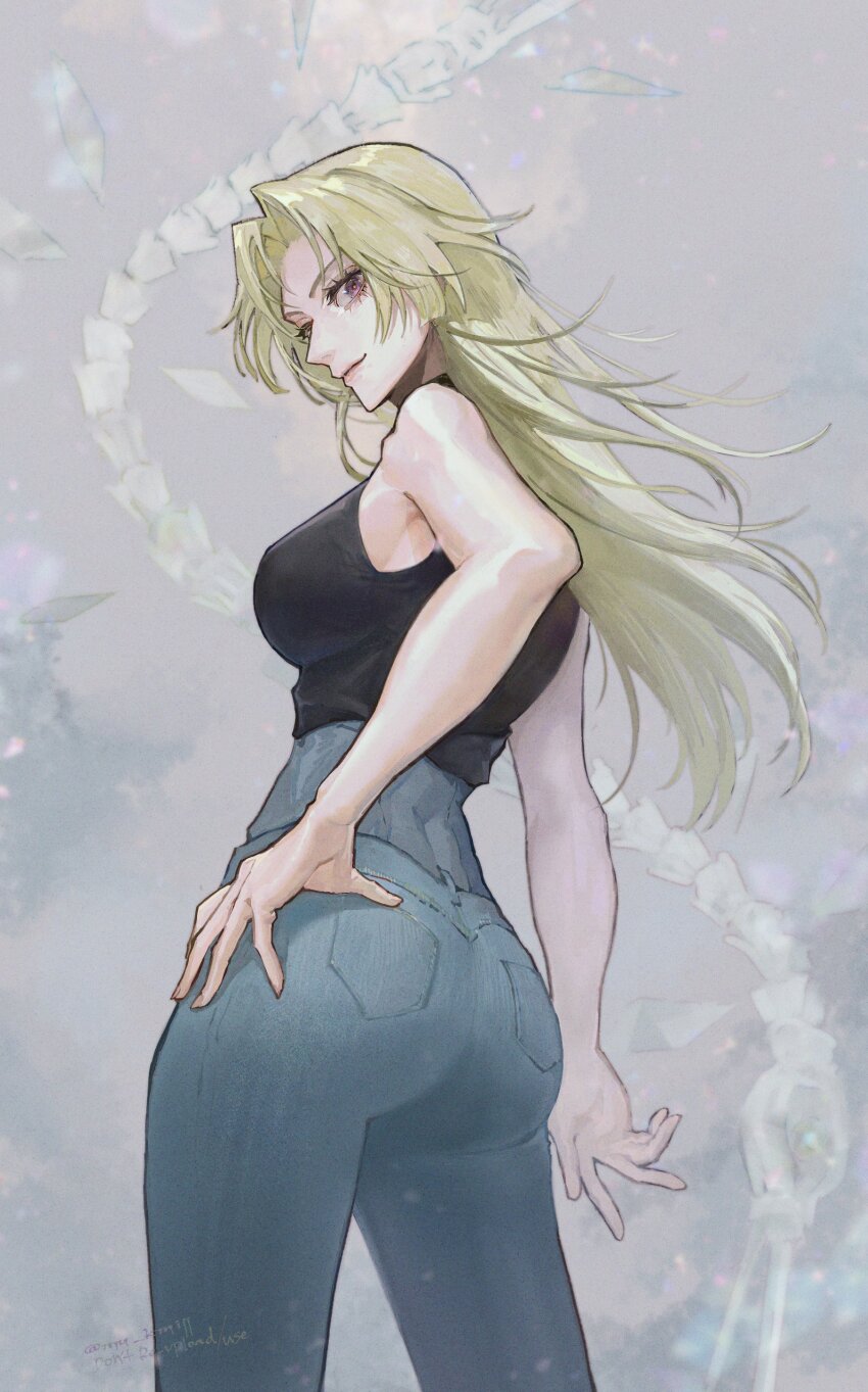 1girl, absurdres, ass, bare_shoulders, black_shirt, blonde_hair, blue_pants, breasts, brown_eyes, crop_top, denim, eyelashes, garuda_(jujutsu_kaisen), grey_background, hair_intakes, hand_on_own_hip, highres, jeans, jujutsu_kaisen, large_breasts, long_hair, looking_at_viewer, mu_kmijj, pants, shikigami, shirt, sleeveless, sleeveless_shirt, solo, tsukumo_yuki_(jujutsu_kaisen), white_background