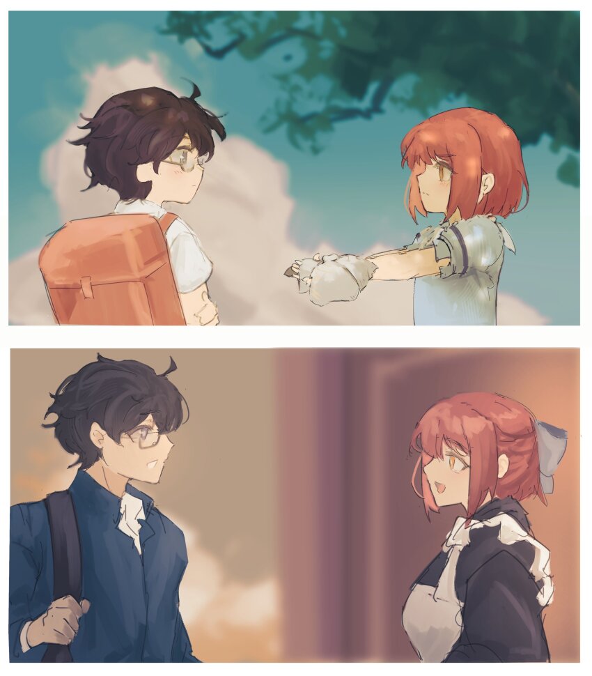 1boy, 1girl, absurdres, aged_down, apron, backpack, bag, black_hair, black_kimono, blue_bow, blue_dress, blue_eyes, blue_jacket, bow, brown_bag, closed_mouth, collared_shirt, commentary, dress, english_commentary, ezekquel, from_side, gakuran, glasses, hair_bow, half_updo, highres, jacket, japanese_clothes, kimono, kohaku_(tsukihime), looking_at_another, maid, open_mouth, profile, red_hair, school_uniform, shirt, short_hair, short_sleeves, smile, tohno_shiki, tsukihime, wa_maid, white_apron, white_shirt, yellow_eyes