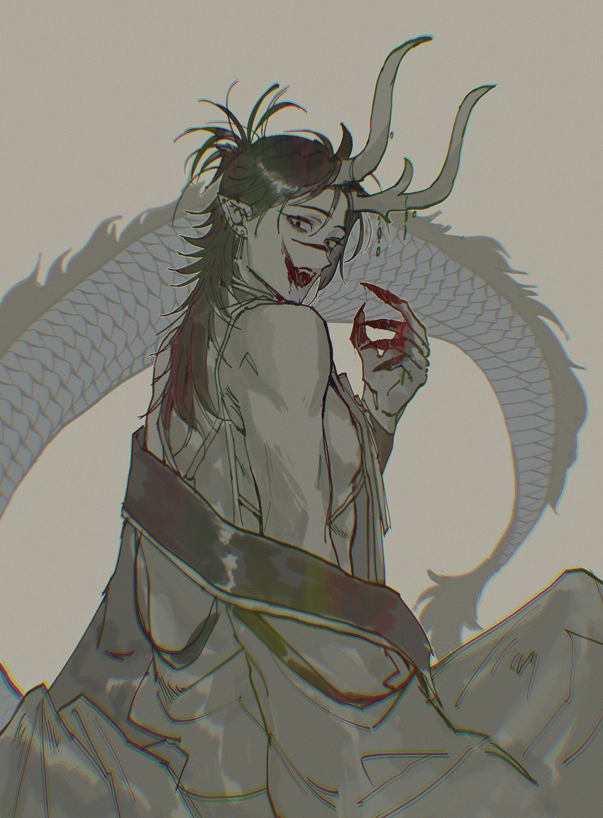 1boy, alternate_hairstyle, black_eyes, black_sash, blood, blood_on_face, blood_on_hands, choso_(jujutsu_kaisen)