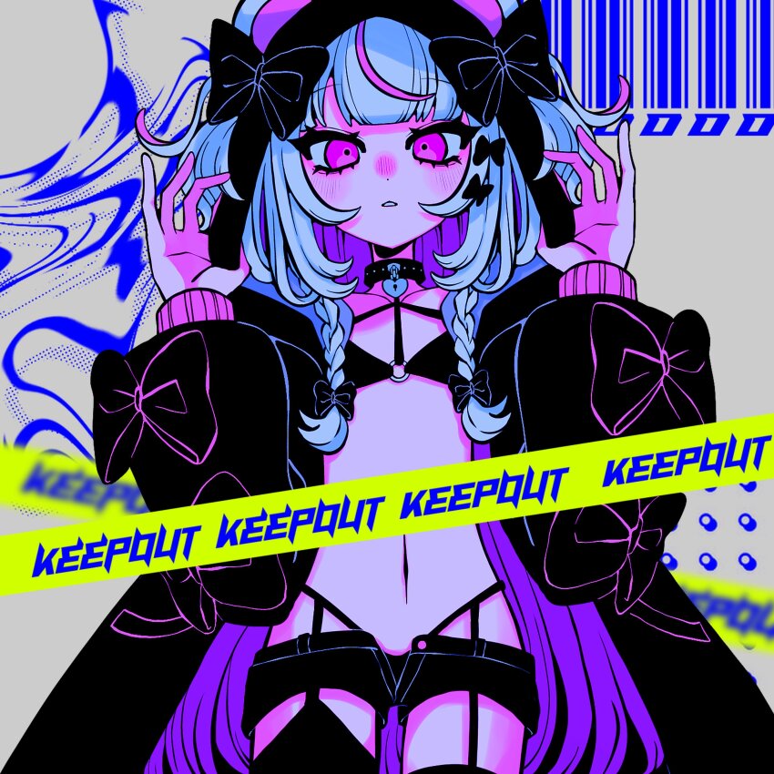 1girl, absurdres, bikini, black_bikini, black_bow, black_jacket, black_shorts, black_thighhighs