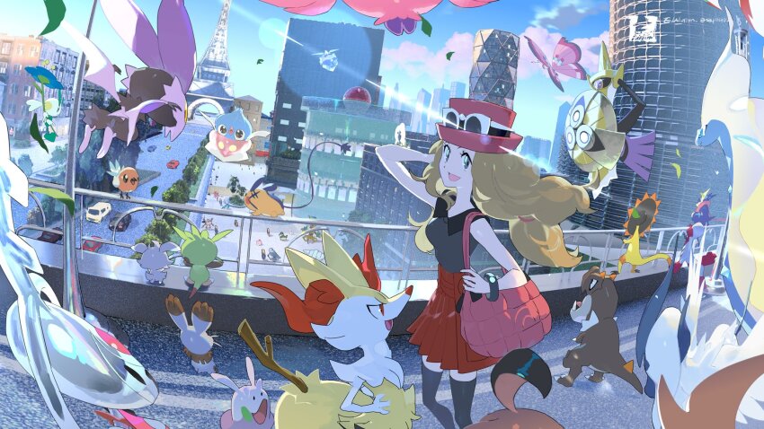 1girl, absol, ahoge, animate_object, aurorus, barbaracle, bird, black_thighhighs, blue_skin, blurry, blurry_background, braixen, bridge, brown_hair, building, car, carbink, chespin, colored_skin, dedenne, dinosaur, dog, dragalge, e_volution, eiffel_tower, espurr, eyewear_on_headwear, fang, fisheye, fletchling, floette, floette_(blue_flower), fox, frog, furfrou, furfrou_(kabuki), furry, gen_3_pokemon, gen_6_pokemon, gogoat, goomy, greninja, grey_fur, hat, heliolisk, highres, inkay, key, klefki, long_hair, lumiose_city, mega_absol, mega_pokemon, motor_vehicle, nintendo, noibat, on_railing, open_mouth, pangoro, pink_hat, pokemon, pokemon_x_and_y, railing, red_skirt, serena_(pokemon), shield, shirt, skirt, skyscraper, sleeveless, sleeveless_shirt, spritzee, sunglasses, sword, sylveon, thighhighs, trevenant, tyrunt, upside-down, vivillon, vivillon_(meadow), weapon, white_fur