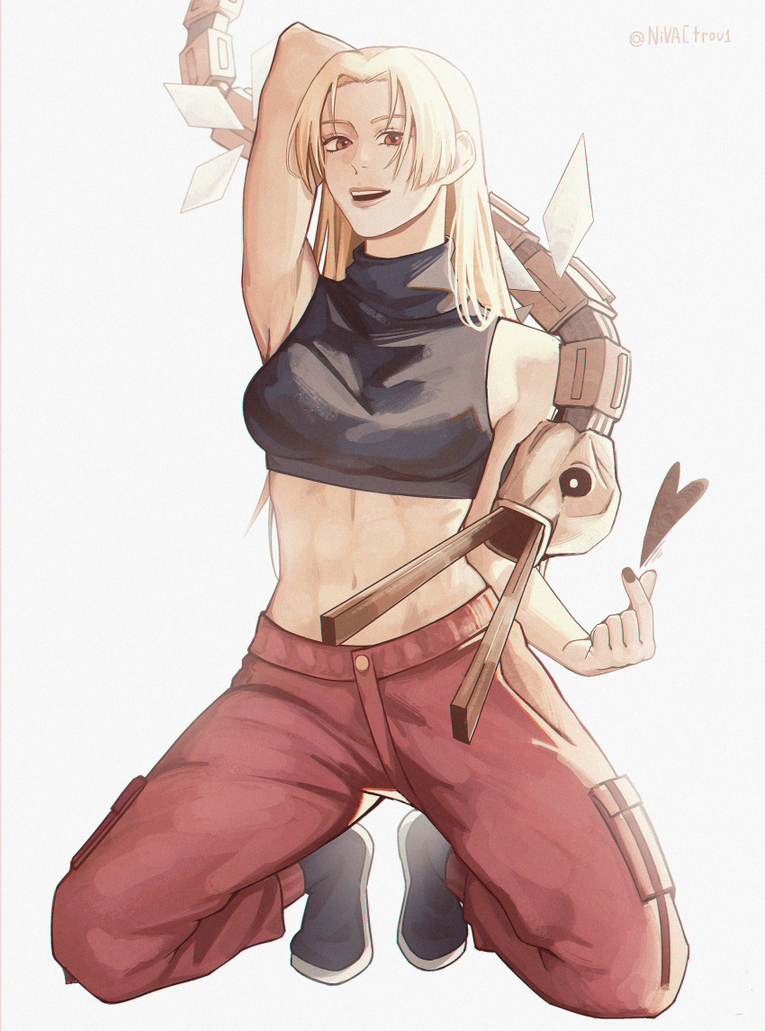 1girl, absurdres, arms_behind_head, black_footwear, black_nails, black_sclera, bright_pupils, brown_eyes