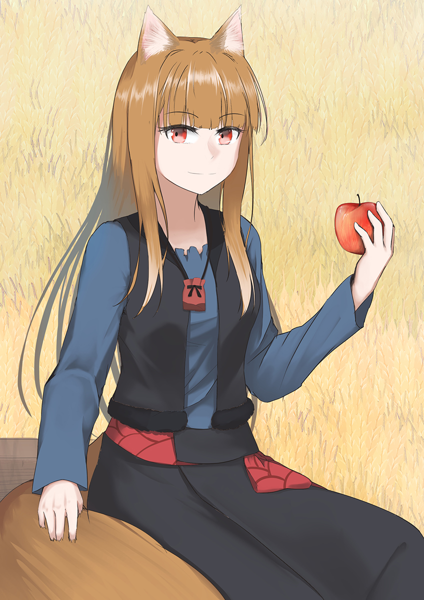 1girl, animal_ears, apple, black_skirt, black_vest, blonde_hair, blue_shirt, closed_mouth