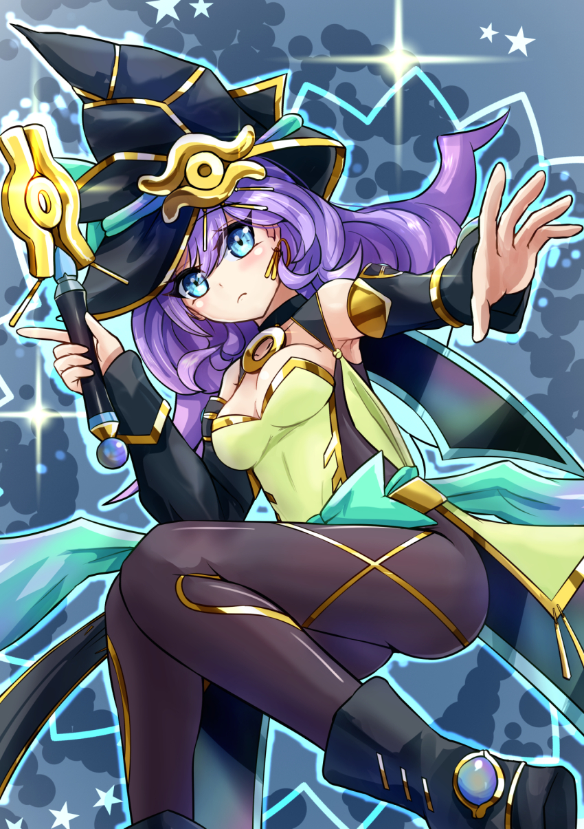 1girl, anmo_nomi, bare_shoulders, black_choker, black_pantyhose, blue_background, blue_eyes, blush, breasts, capelet, choker, cleavage, cowboy_shot, dress, duel_monster, earrings, hat, highres, holding, holding_wand, jewelry, medium_breasts, medium_hair, nightmare_apprentice, pantyhose, purple_hair, solo, space_print, spiked_hair, star_(symbol), starry_sky_print, wand, white_dress, witch, witch_hat, yu-gi-oh!