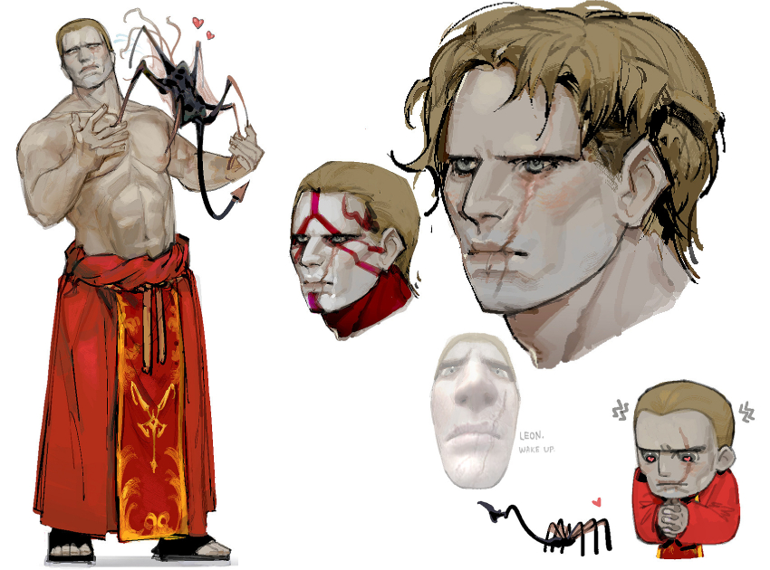 1boy, abs, bara, blonde_hair, bouseded, buzz_cut, collage, demon, facepaint, full_body, heart, highres, jack_krauser, large_pectorals, male_focus, mature_male, monster, muscular, muscular_male, navel, nipples, pectorals, resident_evil, scar, scar_on_face, scar_on_mouth, short_hair, standing, stomach, thick_eyebrows, topless_male, very_short_hair