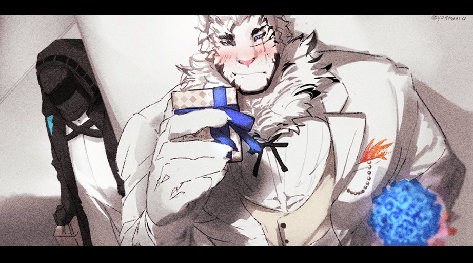 1boy, 1other, ai_manato, alternate_costume, animal_ears, arknights, bara, blue_flower, blush, bouquet, doctor_(arknights), facial_hair, flower, formal_clothes, furry, furry_male, goatee, holding, holding_bouquet, incoming_gift, male_focus, mountain_(arknights), muscular, muscular_male, peeking_out, scar, scar_across_eye, scar_on_face, short_hair, shy, smile, solo_focus, suit, thick_eyebrows, tiger_boy, tiger_ears, upper_body, valentine, white_fur, white_hair, white_suit