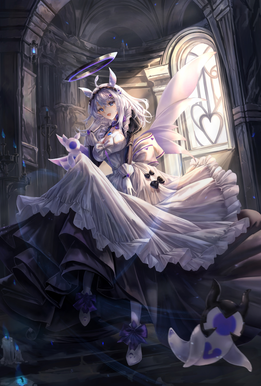 1girl, absurdres, alternate_costume, apron, arbiter_the_lovers_vi_(azur_lane), azur_lane, back_bow, birds-mix, black_dress, blue_eyes, bow, breasts, candle, dress, enmaided, frilled_apron, frills, full_body, gloves, halo, highres, indoors, juliet_sleeves, large_breasts, layered_dress, long_dress, long_hair, long_sleeves, looking_at_viewer, maid, mechanical_halo, open_mouth, puffy_sleeves, purple_halo, siren_(azur_lane), white_apron, white_footwear, white_gloves, white_hair, window