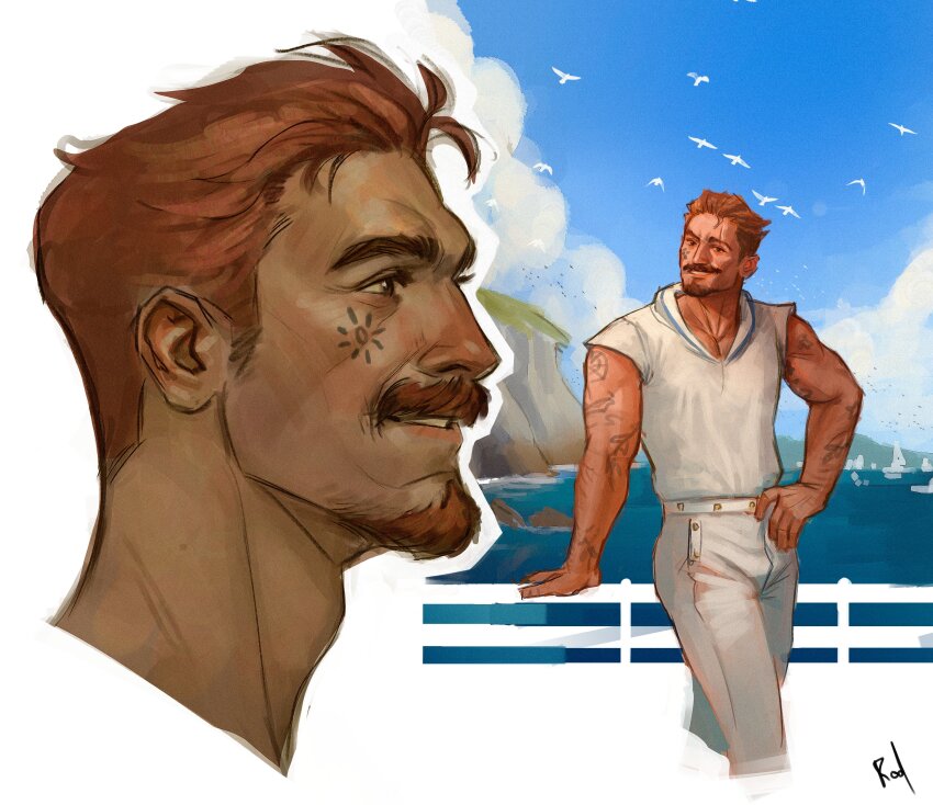 1boy, absurdres, adam's_apple, against_fence, arm_tattoo, bara, bird, blue_sky, borrowed_character, brown_hair, contrapposto, cropped_legs, fabulous, facepaint, facial_hair, fence, goatee, highres, jose_(enri), looking_ahead, looking_at_viewer, male_focus, mature_male, multiple_views, muscular, muscular_male, mustache, ocean, original, pants, profile, rodrigodraws, sailor, sailor_collar, shirt, short_hair, sky, standing, tattoo, thick_eyebrows, thick_mustache, water, white_shirt, wrinkled_skin