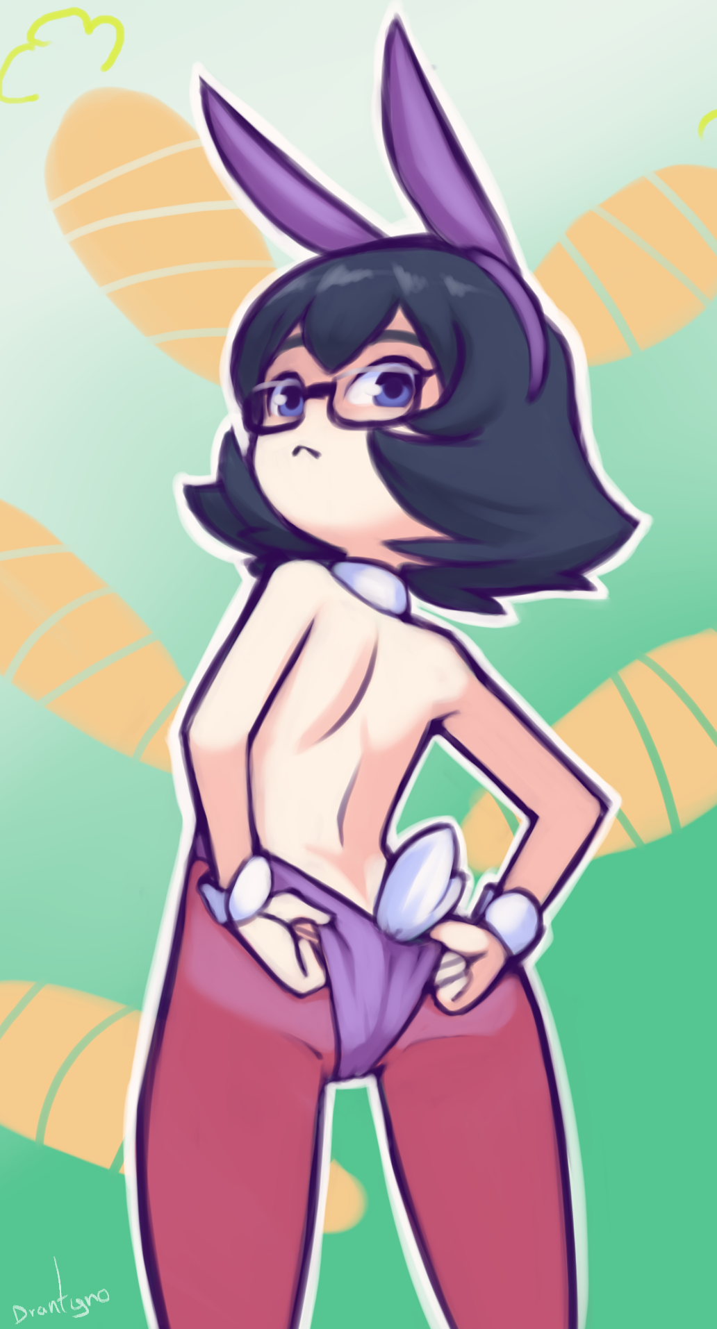 1girl, :<, adjusting_clothes, adjusting_leotard, animal_ears, ass, black_hair, blue_eyes, carrot, detached_collar, drantyno, easter, fake_animal_ears, from_behind, glasses, gradient_background, green_background, highres, leotard, loli, looking_back, megu_(ryuhi), original, pantyhose, pink_pantyhose, playboy_bunny, purple_leotard, rabbit_ears, rabbit_girl, rabbit_tail, short_hair, standing, wrist_cuffs