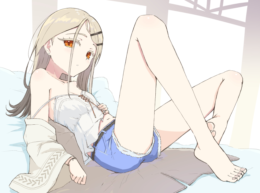 1girl, bare_legs, bare_shoulders, barefoot, blonde_hair, camisole, denim, denim_shorts