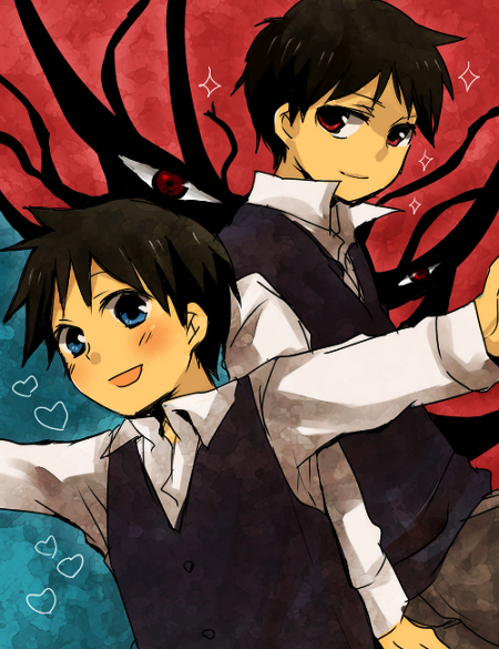 00s, 2boys, bad_id, bad_pixiv_id, black_hair, blue_eyes, darkness, dual_persona