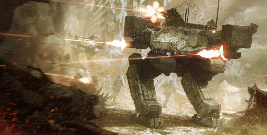 6+boys, absurdres, ammunition_belt, assault_rifle, battle, ben_mauro, bullet_hole, debris, firing, gatling_gun, gun, highres, mecha, mecha_focus, military_uniform, multiple_boys, original, ricocheting, rifle, robot, science_fiction, shell_casing, walker_(robot), weapon