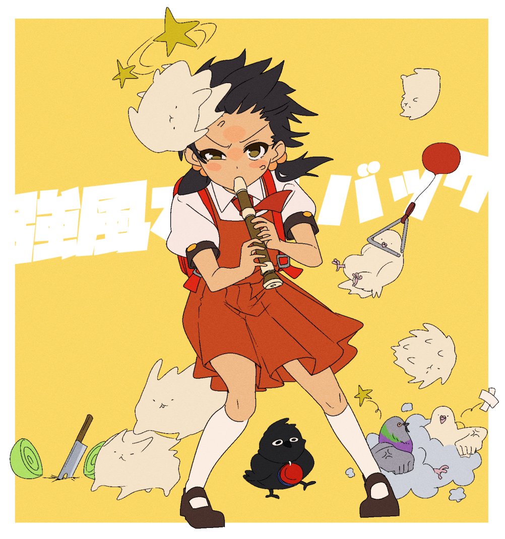 1girl, balloon, bird, black_shoes, border, brown_eyes, cabbage, cleaver