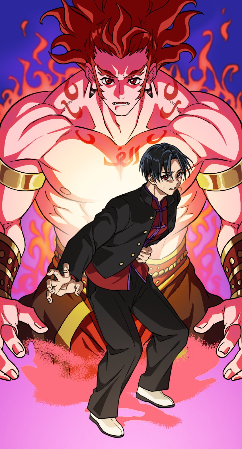 2boys, abs, adam's_apple, arabian_clothes, arabic_text, armlet, arms_at_sides, bara