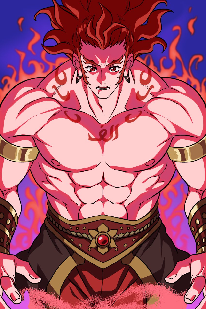 1boy, abs, adam's_apple, arabian_clothes, arabic_text, armlet, arms_at_sides, bara, bracer, bucchigiri?!, fiery_aura, genie, highres, jewelry, large_pectorals, long_hair, long_sideburns, looking_at_viewer, male_focus, muscular, muscular_male, nipples, oekaki_shitou, pectorals, prehensile_hair, red_eyes, red_hair, senya_(bucchigiri?!), shredded_muscles, sideburns, simple_background, solo, stomach, thick_eyebrows, v-taper