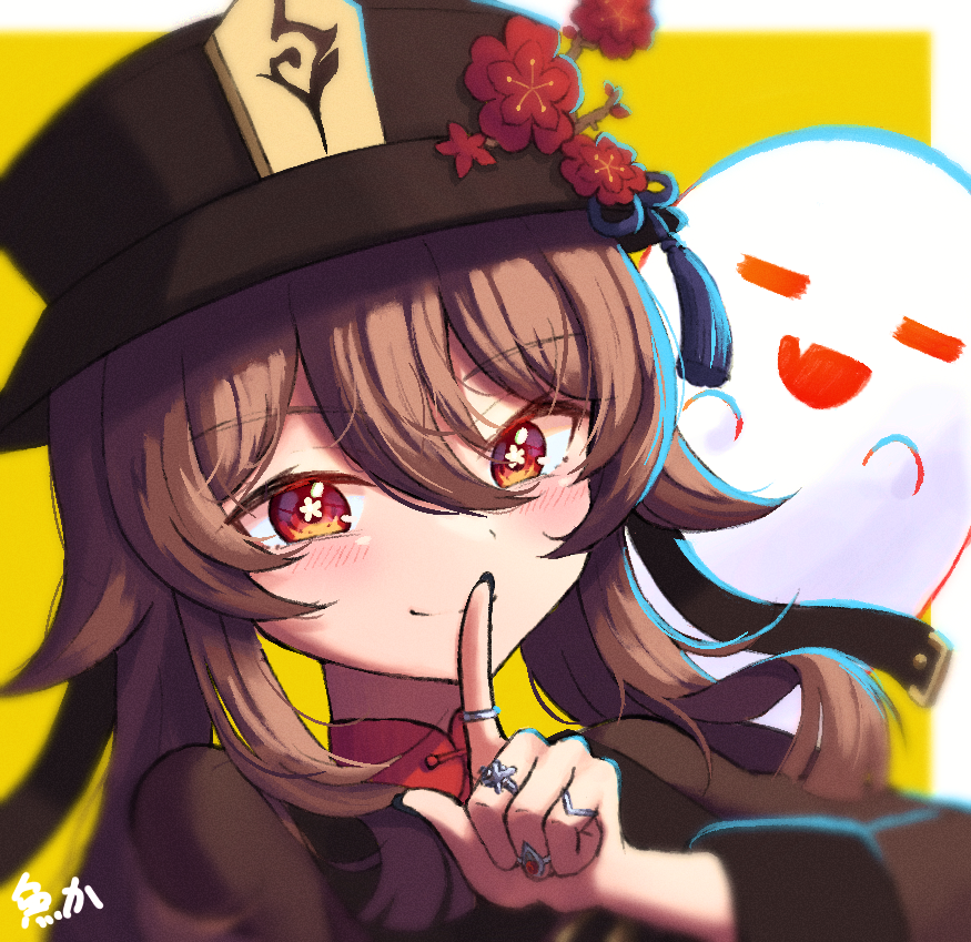 1girl, boo_tao_(genshin_impact), border, brown_coat, brown_eyes, brown_hair, brown_hat, closed_mouth