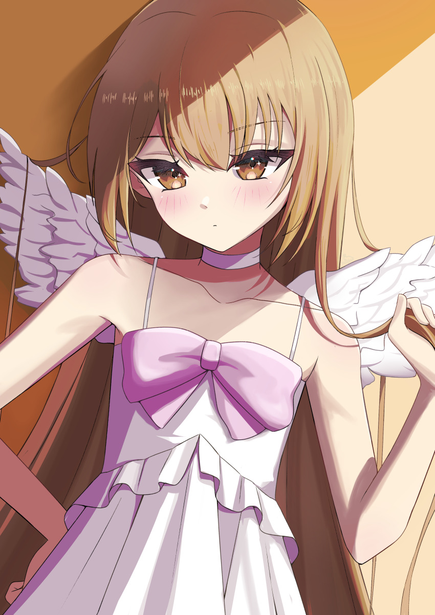1girl, absurdres, aisaka_taiga, angel_wings, blush, bow, brown_eyes, brown_hair