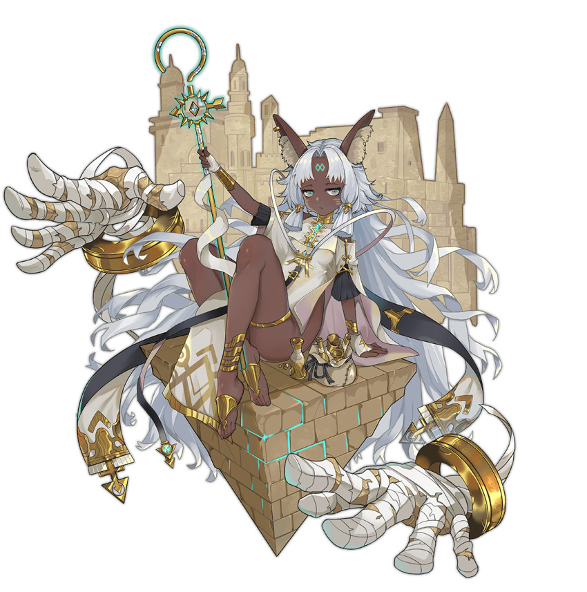 1girl, animal_ear_fluff, animal_ears, anklet, ark_order, bag, bandages, barefoot