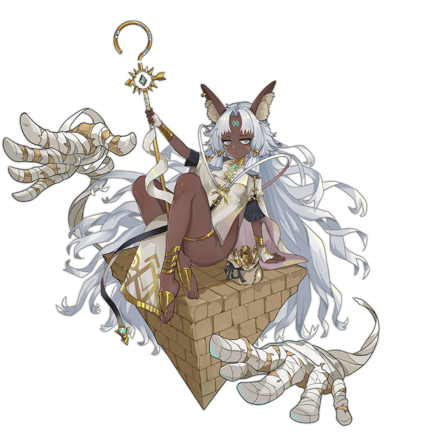 1girl, animal_ear_fluff, animal_ears, anklet, ark_order, bag, bandages, barefoot