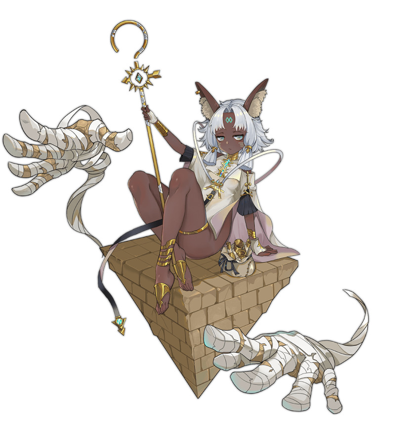 1girl, animal_ear_fluff, animal_ears, anklet, ark_order, bag, bandages, barefoot