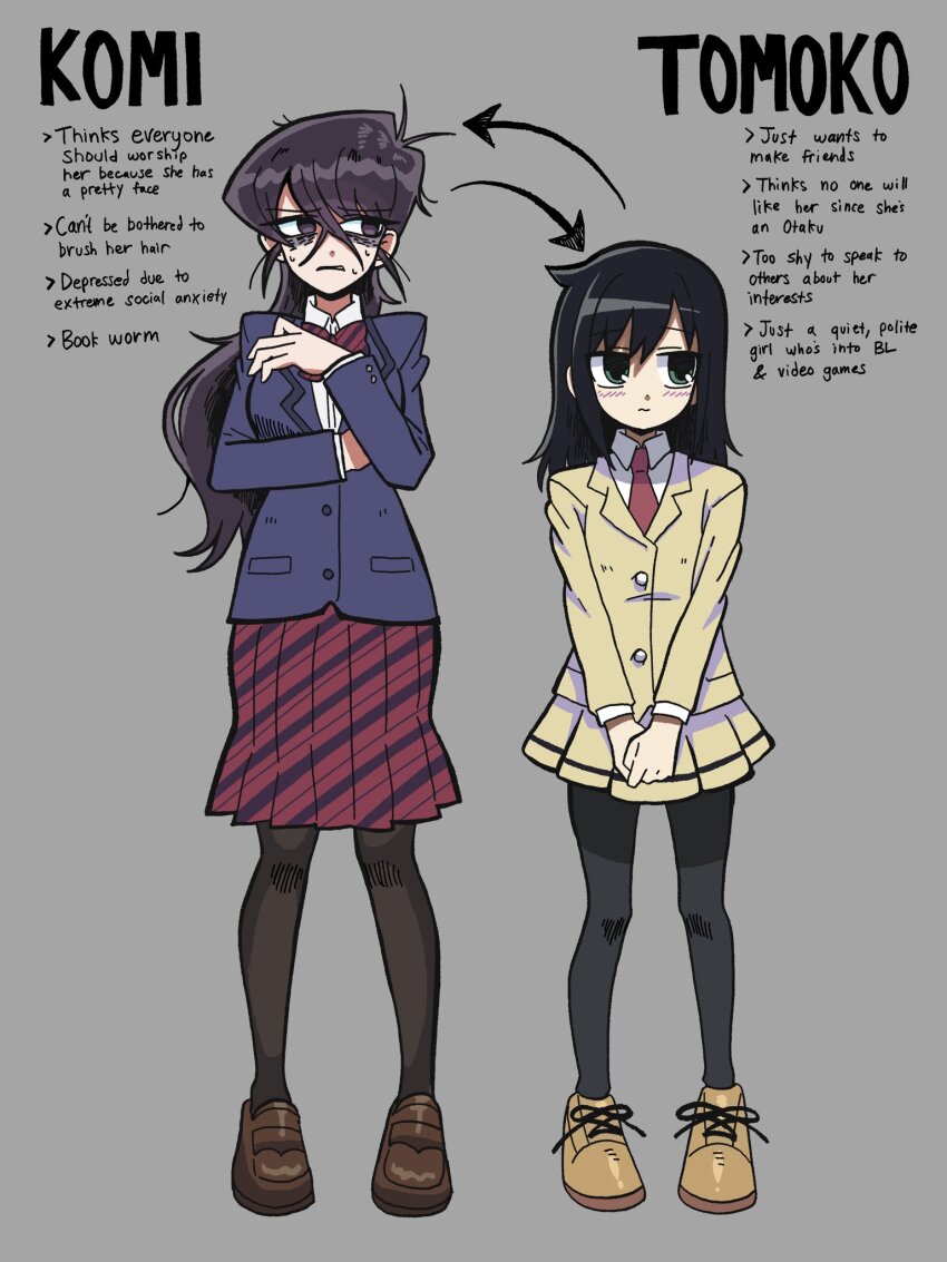 2girls, ahoge, bags_under_eyes, black_hair, black_pantyhose, english_text, green_eyes, grey_background, highres, komi-san_wa_komyushou_desu, komi_shouko, kuroki_tomoko, long_hair, messy_hair, mimiyori, multiple_girls, pantyhose, personality_switch, pleated_skirt, purple_eyes, school_uniform, simple_background, skirt, watashi_ga_motenai_no_wa_dou_kangaetemo_omaera_ga_warui!
