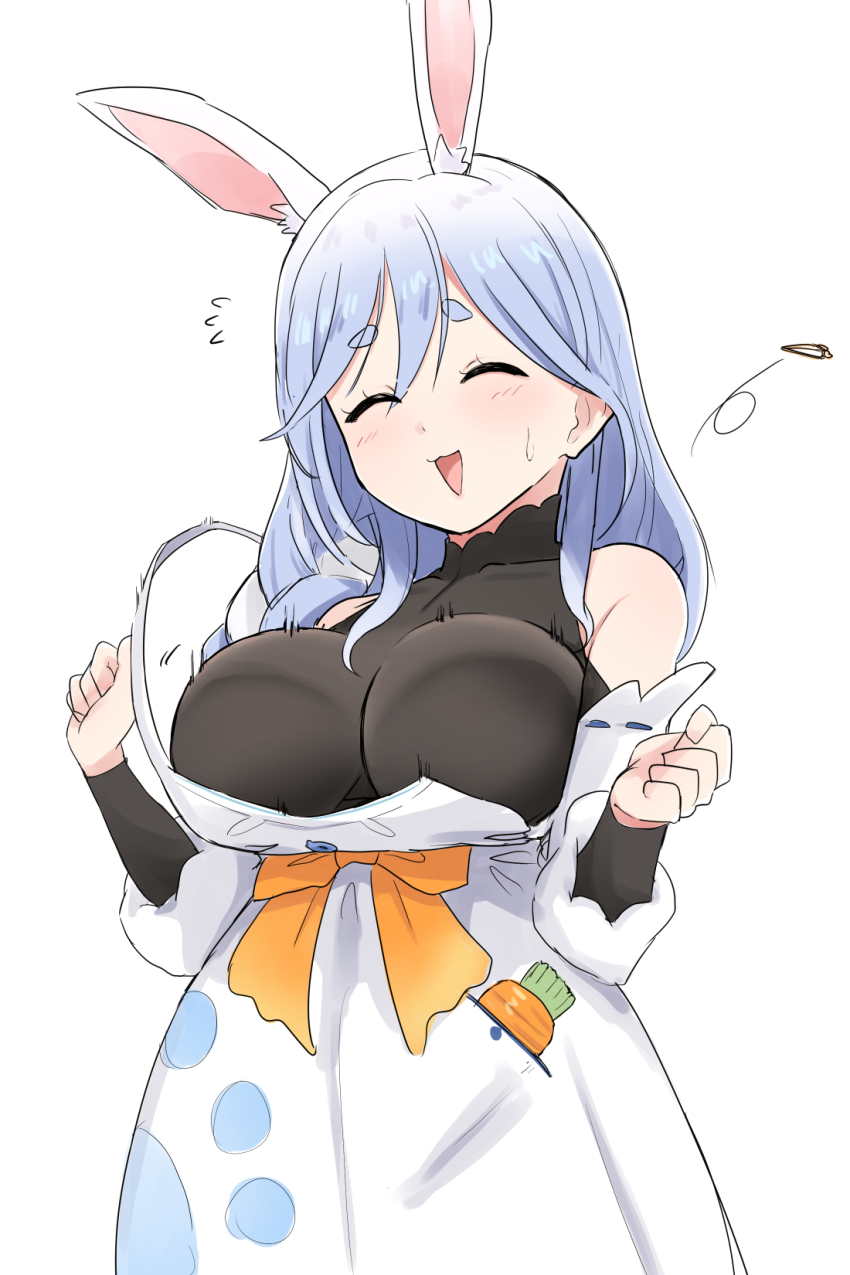 1girl, :3, animal_ear_fluff, animal_ears, apron, black_bodysuit, bodysuit, breasts, carrot, clenched_hands, closed_eyes, highres, hololive, large_breasts, maramuya, mature_female, pekomama, rabbit_ears, rabbit_girl, short_eyebrows, sleeveless, sleeveless_bodysuit, thick_eyebrows, virtual_youtuber, wardrobe_malfunction, white_apron, white_background