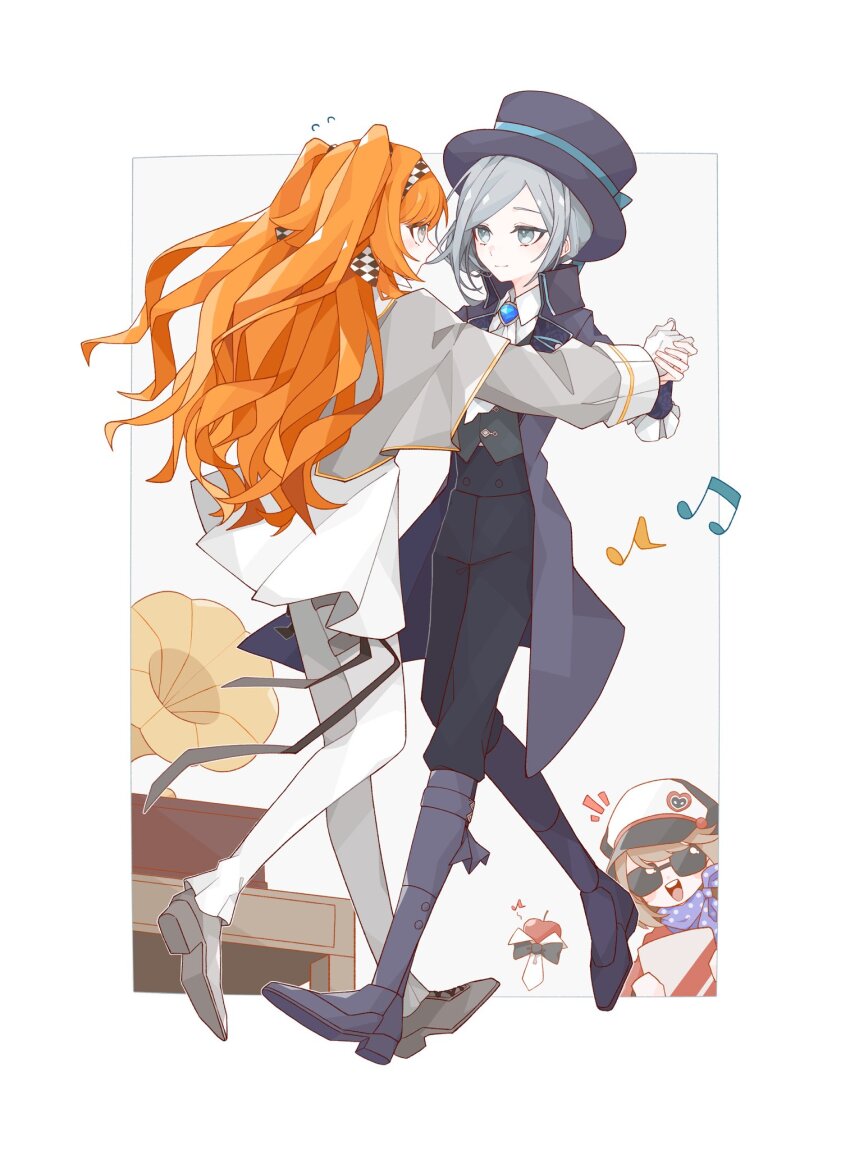 3girls, apple, apple_(reverse:1999), beamed_eighth_notes, black_bow, black_bowtie, black_coat, black_pants