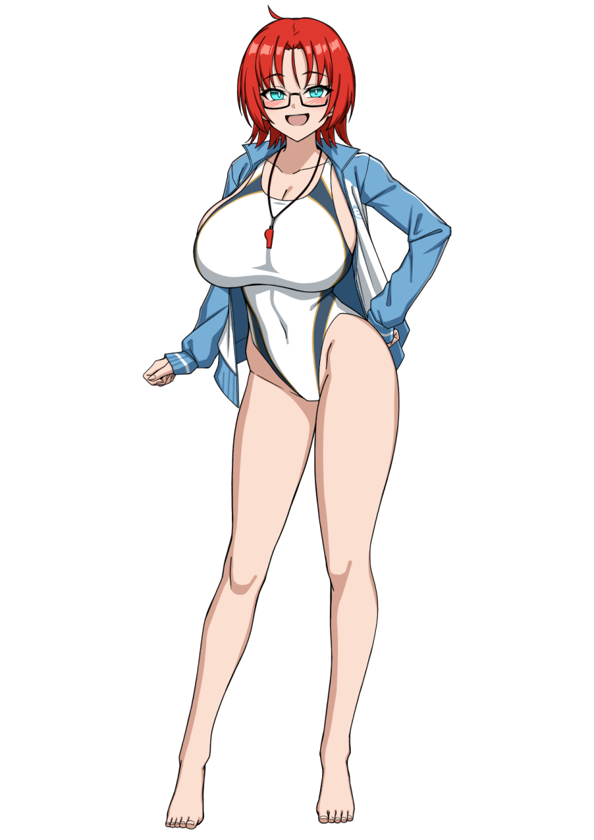 1girl, barefoot, blue_jacket, boudica_(fate), breasts, cleavage, competition_swimsuit, fate/grand_order, fate_(series), full_body, glasses, green_eyes, highres, jacket, katsume_fuuka, large_breasts, long_sleeves, looking_at_viewer, muta_poo, one-piece_swimsuit, open_mouth, red_hair, short_hair, smile, solo, swimsuit, whistle, whistle_around_neck