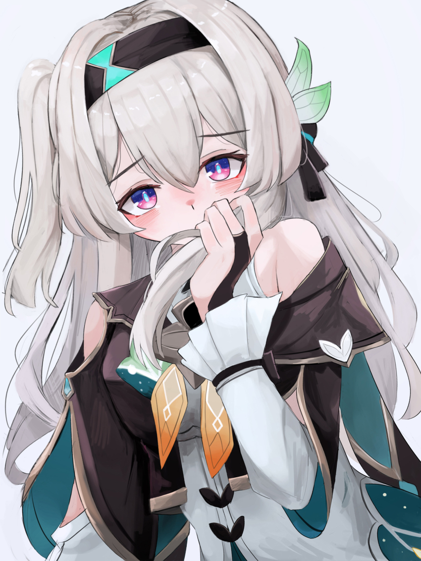 1girl, black_hairband, blush, bow, bowtie, breasts, coat, fingerless_gloves