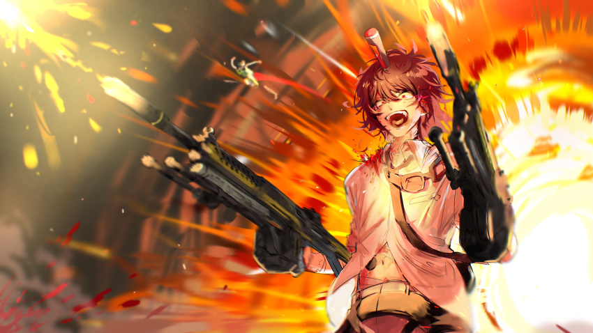 2boys, absurdres, apex_legends, belt, black_belt, blood, blood_on_shoulder, brown_hair, collared_shirt, crazy_eyes, crazy_smile, dual_wielding, explosion, goggles, goggles_around_neck, gun, highres, holding, holding_gun, holding_weapon, jumping, male_focus, milaballista, multiple_boys, navel, octane_(apex_legends), open_mouth, original, shirt, short_hair, smile, solo_focus, tomitacchi, weapon, white_shirt, x-55_devotion