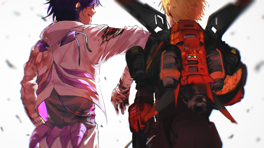 2boys, apex_legends, arachnoid_rush_octane, birthright_valkyrie, black_bodysuit, blonde_hair, blood_on_gloves, bodysuit