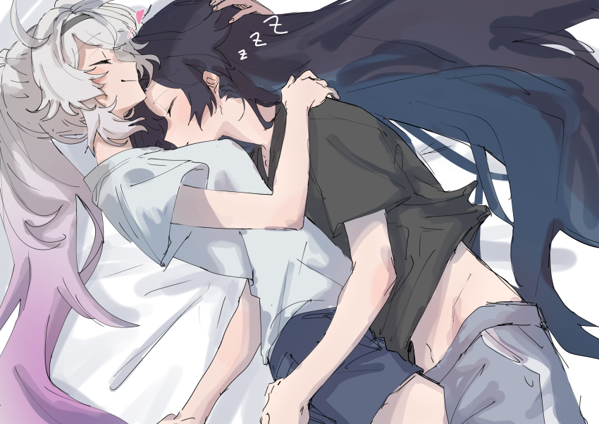 2girls, absurdres, alternate_costume, belly, black_hair, black_shirt, blue_shirt, blue_shorts