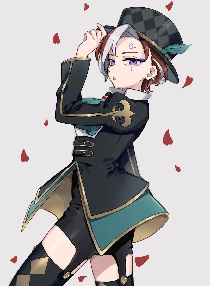 1girl, ascot, black_hat, black_jacket, black_shorts, black_thighhighs, blue_ascot, commentary_request