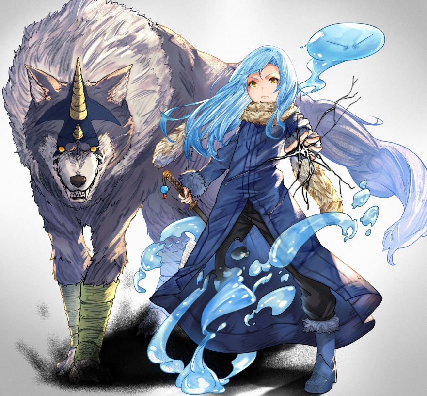 1other, blue_footwear, blue_hair, blue_jacket, boots, closed_mouth, fur-trimmed_sleeves, fur_trim, holding, holding_sword, holding_weapon, horns, jacket, long_hair, long_sleeves, momomo_(user_xnfy4284), ranga_(tensura), rimuru_tempest, rimuru_tempest_(slime), sharp_teeth, single_horn, slime_(creature), sword, teeth, tensei_shitara_slime_datta_ken, v-shaped_eyebrows, weapon, wolf, yellow_eyes