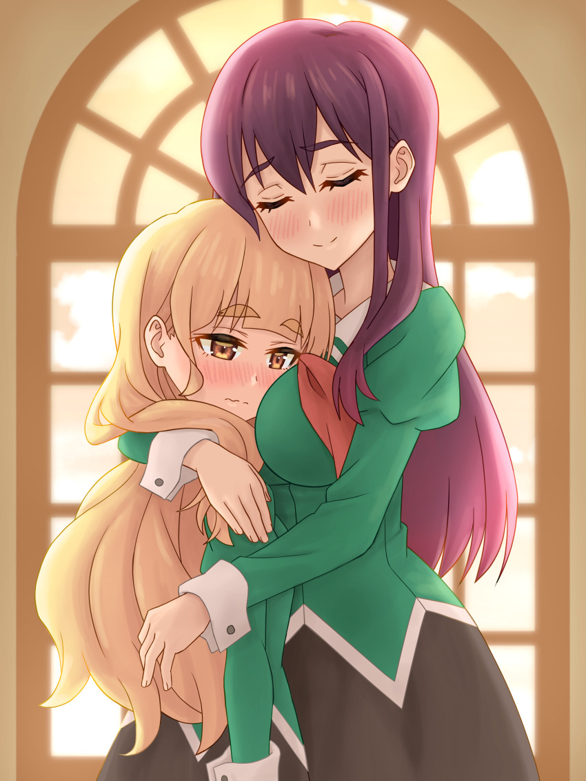 2girls, absurdres, blonde_hair, blush, breasts, brown_hair, closed_eyes, closed_mouth